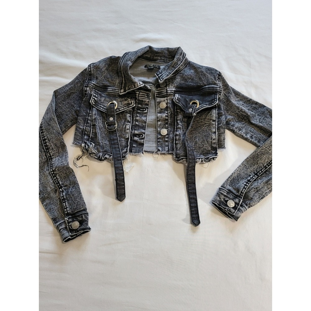 KROX Dark Acid Wash Cropped Denim Jacket Frayed Hem Buckle Straps Kids Small 7/8
